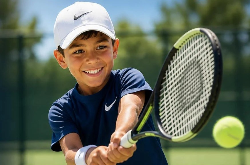 Young tennis player hitting a forehand